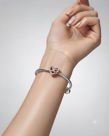 Kadın Rose Renk Kalp ve Sonsuzluk İç İçe Taşlı Gümüş Charm