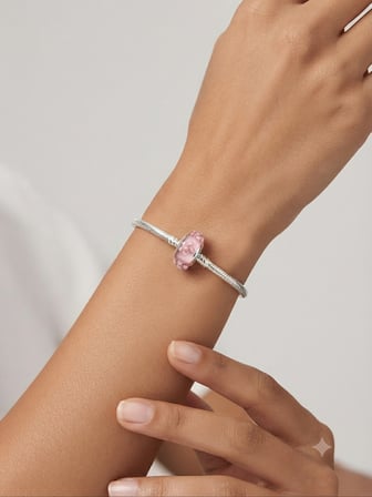 Kadın Pembe Çiçek Desenli Murano Model Gümüş Charm