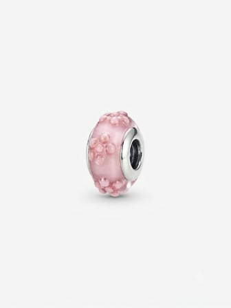 Kadın Pembe Çiçek Desenli Murano Model Gümüş Charm