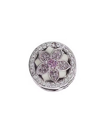 Kadın Pembe Çiçek Model Taşlı Gümüş Charm
