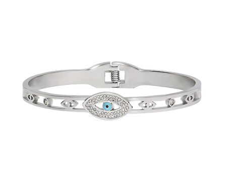 Kadın Göz Model Nazar Boncuğu ve Tektaş Detay Çelik Bilezik