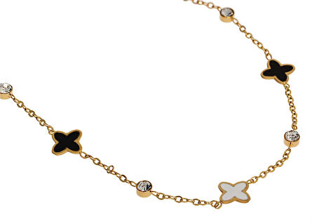 Kadın Siyah Beyaz Çiçek Model Taş Detay Çelik Halhal