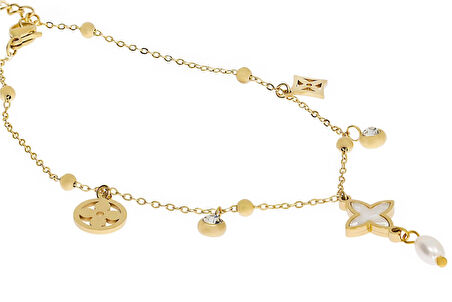 Kadın Sallanan Çiçekler ve Tektaş Model Gold Renk Çelik Halhal