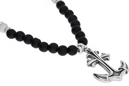 Erkek Çapa Model Siyah Boncuk Detay Çelik Kolye