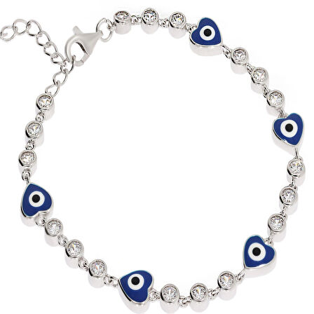 Kadın Sıralı Taşlı Nazar Boncuklu Kalp Model Gümüş Bileklik