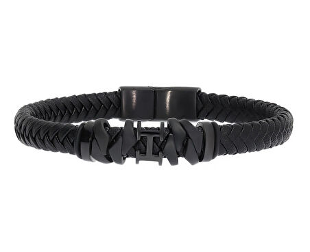 Erkek Sembol Detay Siyah Deri Bileklik