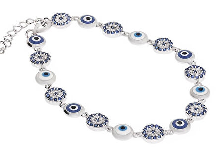 Kadın Sıralı Nazar Boncuğu Model Taşlı Gümüş Bileklik