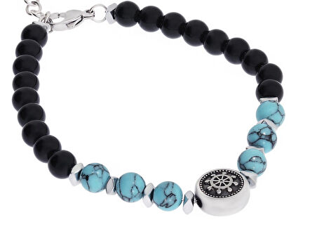 Erkek Mavi Renk Detay Çapa ve Kuzey Yıldızı Model Siyah Boncuk Bileklik