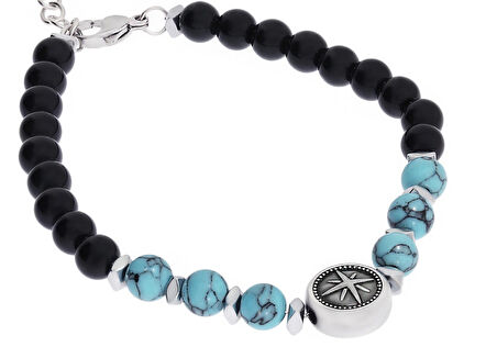 Erkek Mavi Renk Detay Çapa ve Kuzey Yıldızı Model Siyah Boncuk Bileklik