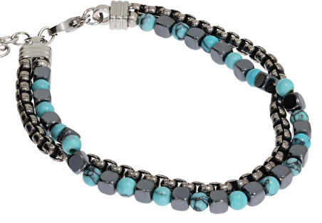 Erkek Zincir ve Turkuaz Renk Boncuk Detay Çelik Bileklik