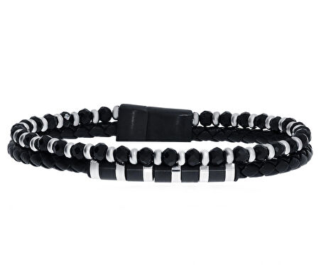 Erkek Siyah Boncuk ve Çelik Detay Deri Bileklik
