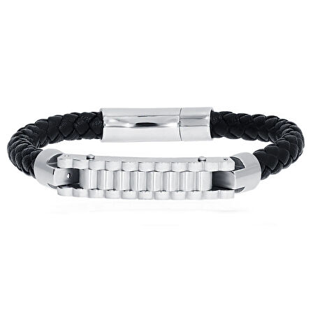 Erkek Dalgalı Silver Renk Çelik Plaka Detay Deri Bileklik