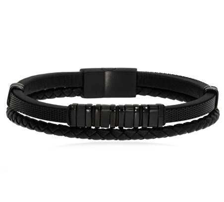 Erkek Çelik Detay Siyah Renk Deri Bilekllik