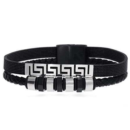 Erkek Dalga Desen Çelik Detay Deri Bileklik