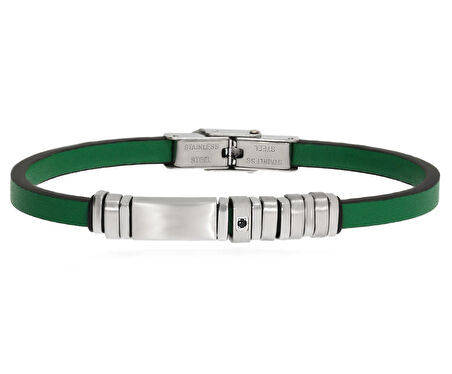 Erkek Çelik Detay Yeşil Renk Deri Bileklik