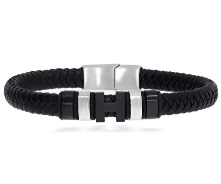 Erkek Siyah Harf ve Silver Renk Detay Deri Bileklik