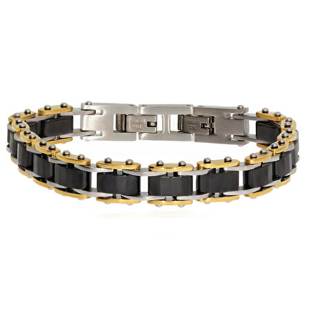 Erkek Siyah Seramik Model Gold Renk Detay Çelik Bileklik