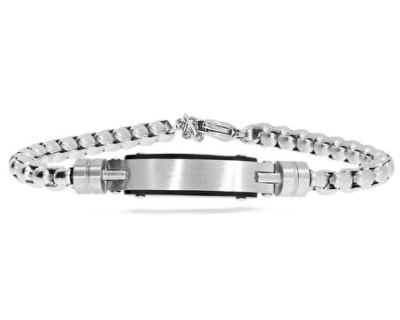 Erkek Silver Renk Plaka Detay Çelik Bileklik