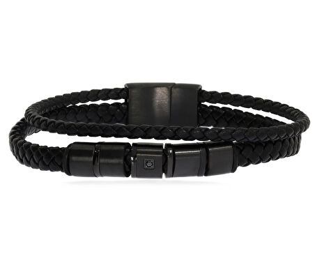 Erkek Siyah Tek Taş Detay Örgü Deri Bileklik