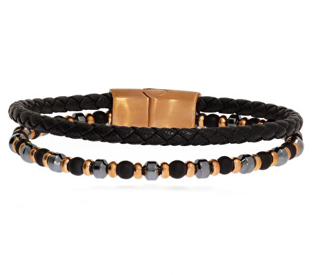 Erkek Rose Renk Boncuk Detay Deri Bileklik