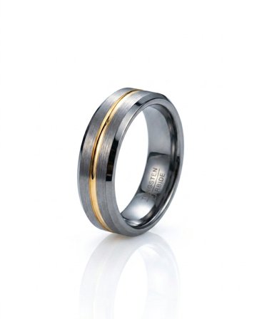 Erkek Gümüş Renk Gold Çizgi Detay 6 mm Tungsten Yüzük