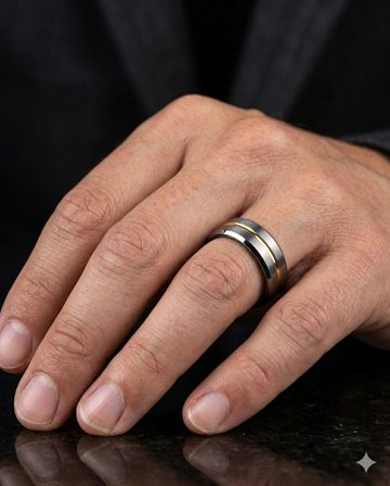Erkek Gümüş Renk Gold Çizgi Detay 6 mm Tungsten Yüzük