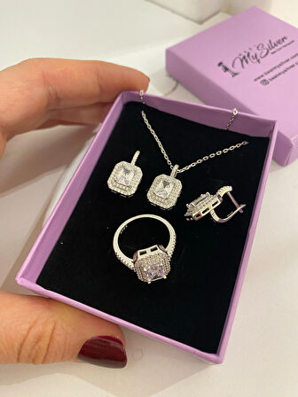 Kadın Gümüş Zirkon Taşlı Baget Set Takımı