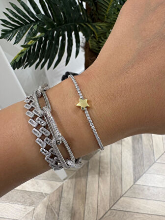Kadın Gümüş Yıldızlı Suyolu Bileklik
