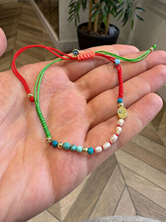 Kadın Gümüş Doğal Taşlı İncili İp Bileklik