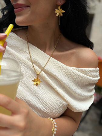 Kadın Gümüş Tasarım Çiçek Küpe Ve Kolye