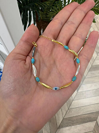 Kadın Gümüş İncili Turkuaz Bileklik