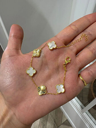 Kadın Gümüş Sedefli Gold 5 Yoncalı Bileklik