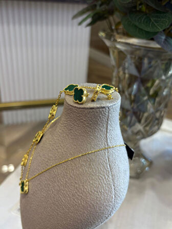 Kadın Gümüş Malahit Taşlı Yonca Kolye ve Bileklik Küpe Seti