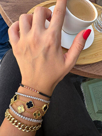 Kadın Gümüş Gold Siyah Yoncalı Bileklik