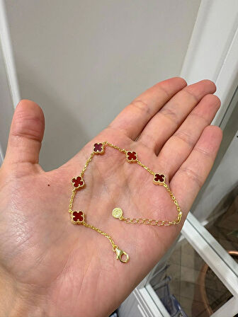 Kadın Gümüş Mini 5 Yoncalı Bordo Bileklik 