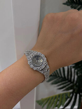 Kadın Gümüş Zirkon Taşlı Saat 