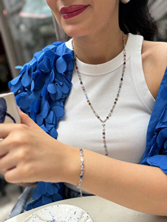 Kadın Gümüş Renkli Taşlı Y Kolye ve Bileklik 