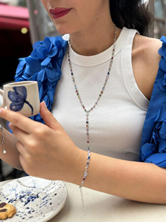 Kadın Gümüş Renkli Taşlı Y Kolye ve Bileklik 