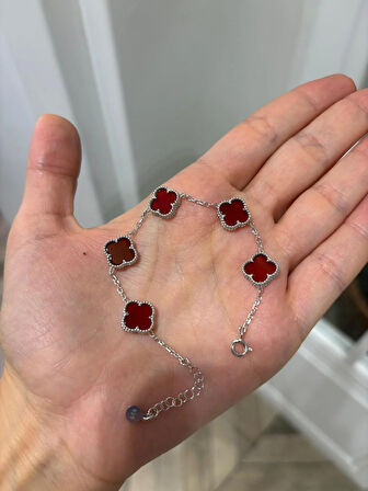 Kadın Gümüş 5 Yoncalı Bordo Bileklik 