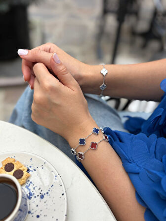 Kadın Gümüş 5 Yoncalı Bordo Bileklik 