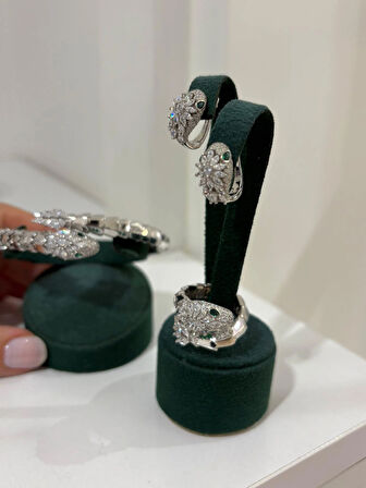 Kadın Gümüş İthal Zirkon Taşlı Tasarım Bileklik ve Yüzük Seti