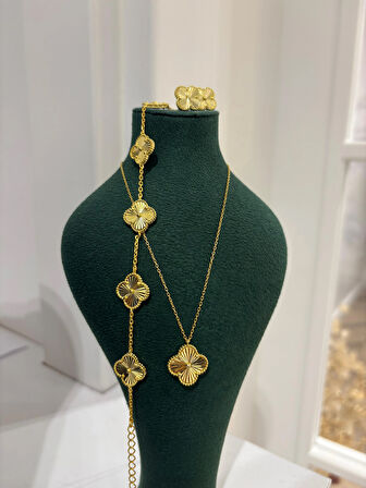 Kadın Gümüş Yonca Kolye Yonca Bileklik ve Küpe Seti