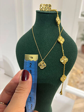 Kadın Gümüş Yonca Kolye Yonca Bileklik ve Küpe Seti