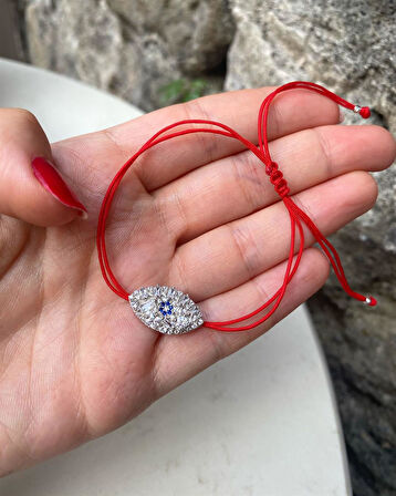 Kadın Gümüş Kırmızı İpli Baget Taşlı Göz Bileklik 0642
