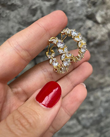 Kadın Gümüş İthal Gold Markiz Çiçek Halka Küpe 1805