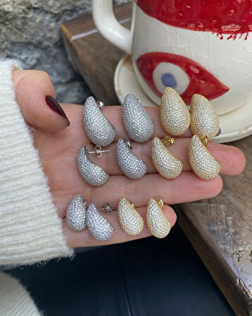 Kadın Gümüş Zirkon Taşlı Göz Yaşı Küpe (1.7CM) 0833