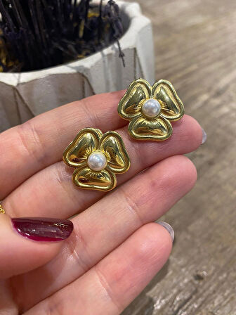 Kadın Gümüş Vidalı İncili Yonca Küpe