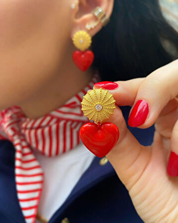 Kadın Gümüş Kırmızı Kalp Küpe