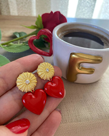 Kadın Gümüş Kırmızı Kalp Küpe