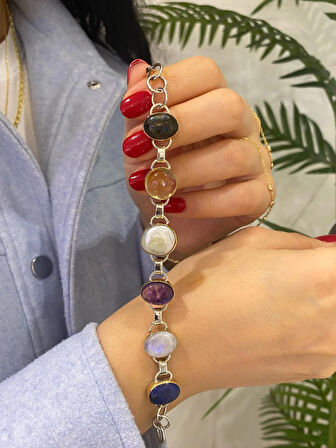 Kadın Gümüş Doğal Taşlı Tasarım Bileklik 2757